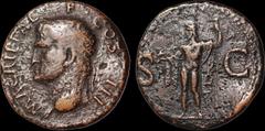 Roman Imperial Agrippa. Died 12 B.C. Æ as. 10.86 gm. 27.5 mm. Rome mint. Struck under Gaius (Caligula), A.D. 37-41. His head left, wearing rostral crown; M AGRIPPA L F COS III / Neptune standing left,