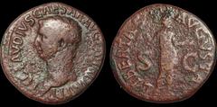 Roman Imperial Claudius. A.D. 41-54. Æ as. 9.99 gm. 29 mm. Rome mint. Struck A.D. 50-54. His bare head left; TI CLAVDIVS CAESAR AVG P M TR P IMP P P / Libertas standing right, holding pileus and exten
