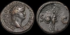 Roman Imperial Nero. A.D. 54-68. Æ as. 11.54 gm. 26 mm. Rome mint. Struck circa A.D. 66. His laureate head right; IMP NERO CAESAR AVG GERM / Victory flying left, holding shield inscribed SPQR; S C fla