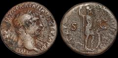 Roman Imperial Trajan. A.D. 98-117. Æ as. 8.59 gm. 26 mm. Rome mint. Struck A.D. 100. His laureate head right; IMP CAES NERVA TRAIAN AVG GERM P M / Mars standing right, holding spear and shield set on