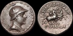 Greek BAKTRIA. Greco-Baktrian Kingdom. Eukratides I Megas. Circa 170-145 B.C. AR tetradrachm. 16.81 gm. 29 mm. His diademed and draped bust right, wearing crested helmet adorned with bull's horn and e