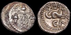 Celtic Britain CELTIC BRITAIN. Southern: Regini and Atrebates. Verica. Circa A.D. 10-40. AR minim. .23 gm. 9 mm. Three acorns on stems; C F above / A hippocamp right; VER above, CA below. S. 155 var. 
