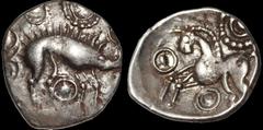 Celtic Britain CELTIC BRITAIN. North Eastern region. Corieltauvi, uninscribed silver. Mid to Late 1st Century B.C. AR unit. 1.44 gm. 16 mm. Bristle-backed boar with long snout right; dotted circle aro