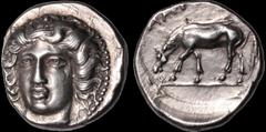 Greek THESSALY. Larissa. Early to mid 4th century B.C. AR drachm. 6 gm. 18 mm. Head of the nymph Larissa three-quarter facing left, border of dots / Horse to left with straight legs, nibbling on plant