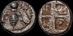 Greek IONIA. Ephesos. Circa 420-400 B.C. AR hemidrachm. 1.76 gm. 11 mm. Bee with curved wings; Ε Φ flanking / Quadripartite incuse square. Karwiese Series VI. SNG Copenhagen 207. Good Very Fine; lustr