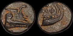 Greek LYCIA. Phaselis. Circa 250-221/0 B.C. Æ chalkous. 1.13 gm. 10.5 mm. Prow of galley right / Stern of galley right; ΦΑΣ (retrograde) above. Cf. Heipp-Tamer B40 (Φ only). Good Very Fine; black pati