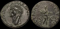 Roman Imperial Claudius. A.D. 41-54. Æ as. 11.75 gm. 26.5 mm. Rome mint. Struck A.D. 42-43. His bare head left; TI CLAVDIVS CAESAR AVG P M TR P IMP P P / Libertas standing right, holding pileus and ex