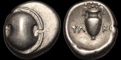 Greek BOEOTIA. Thebes. Circa 395-338 B.C. AR stater. 11.8 gm. 21 mm. Psaro..., magistrate. Struck circa 379-368 B.C. Boeotian shield / Amphora with tall handles and decorated upper half; laurel wreath