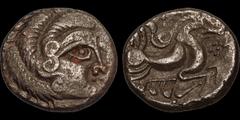 Celtic Britain CELTIC BRITAIN. Armorica, Coriosolites, uninscribed coinage. 75-50 B.C. Billon stater. 6.32 gm. 19 mm. Celticized head of Apollo right / A celticized horse right, four pellets in front,