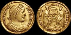 Roman Imperial ROMAN IMPERIAL. Jovian. A.D. 363-364. AV solidus. 4.38 gm. 21.5 mm. Constantinople mint. His rosette-diademed, draped, and cuirassed bust right; D N IOVIANVS P F PERP AVG / Roma, helmet
