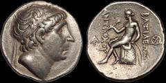 Greek SELEUKID EMPIRE. Antiochos I Soter. 281-261 B.C. AR tetradrachm. 17.09 gm. 28 mm. Seleukeia on the Tigris mint. Diademed head of Antiochos I right / Apollo Delphios seated left on omphalos, hold