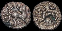 Celtic Britain CELTIC BRITAIN. Catuvellauni. Ca 37-33 B.C. (VA dates). AR half unit. .54 gm. 10 mm. Braybrooke's Hare type. Animal (hare?) right / Horse left, spiral sun above. S. 52. ABC 2496 (Extrem