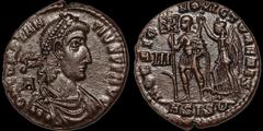 Roman Imperial Constantius II. A.D. 337-361. Æ centenionalis. 4.79 gm. 22 mm. Siscia mint, 1st officina. Struck A.D. 350-351. His diademed, draped, and cuirassed bust right; A behind neck; D N CONSTAN