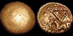 Celtic Britain CELTIC BRITAIN. Cantii. Early Uninscribed. First century B.C. AV quarter stater. 1.22 gm. 12 mm. Plain / "Corded Triangle" type. A spirited horse left, a triangle formed by a cord above