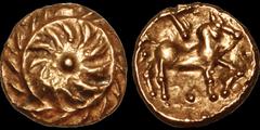 Celtic Britain CELTIC BRITAIN. Atrebates and Regni. Tincomarus (or Tincommius). Late First century B.C. AV quarter stater. 1.02 gm. 10 mm. Tincomarus Spiral. Spiral with a central pellet / A horse sta