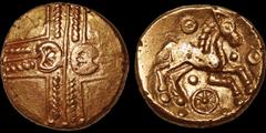 Celtic Britain CELTIC BRITAIN. Trinovantes. Addedomaros. Circa 45-25 B.C. AV stater. 5.59 gm. 17 mm. A crossed wreath, back-to-back crescents at center / A spirited horse right, wheel below, pellet-in