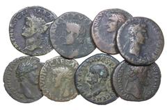 Ancient coin Roman Emp. - 8 expl. Asse, Dupôndio nd AE. BR. Asse, Dupôndio nd. Diversos imperadores (Vespasiano, Nero, Antoninos Pius, Claudio, Augusto). SM vários. BC- a BC+ Almost F to Almost VF