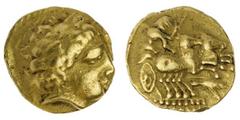 Gaul and Germania, Uncertain Tribe (3rd Century BC), 'Brackenheim' Type, AV Quarter-Stater, in imitation of Philip II of Macedon, laureate head of Apollo right, rev. Charioteer driving biga right, hol