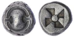 The Robert P Ball Cabinet of Ancient Coins | Boeotia, Thebes, AR Stater, c. 480-460 BC, Boeotian shield with plain rim, rev. Archaic theta at centre of incuse square of anti-clockwise 'mill sail' patt
