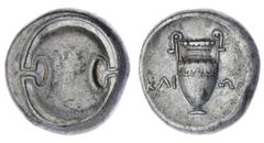 The Robert P Ball Cabinet of Ancient Coins | Boeotia, Thebes, Magistrate Issues, AR Stater, c. 368-364 BC, in the name of Klion, Boeotian shield, rev. Amphora, KLI-ON across field within shallow incus