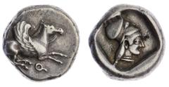The Robert P Ball Cabinet of Ancient Coins | Corinthia, Corinth, AR Stater, c. 500-480 BC, Pegasus with curled wings flying right, koppa below, rev. helmeted head of Athena right within incuse square,