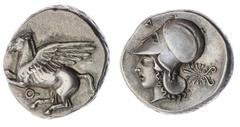 The Robert P Ball Cabinet of Ancient Coins | Corinthia, Corinth, AR Stater, c. 400-380 BC, Pegasus flying left, koppa below, rev. helmeted head of Athena left, delta above, palmette behind, 3h (Dewing