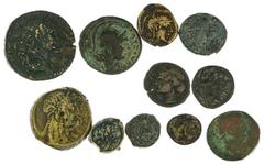 ANCIENT COINS Greek and Roman AEs. Greek, ca. 14-28mm. Kings of Egypt. 28mm. Isis/eagle; Macedon. Athena/prow, Roman province. Alexander the Great head/horseman; Uncertain. Helmeted heads/bull; female