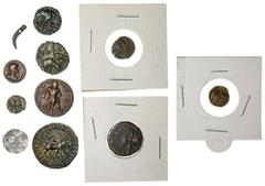 South Asia-India Ancient India. Lot. Includes: Indo-Scythian, Azes II AE Hexachalkon - humped bull / Lion. Choice VF; Yaudheya. AE. Karttikeya/Devasena. Extremely Fine; Kushan AEs (3), including an AE