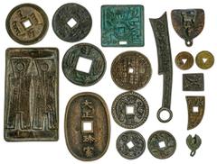China China. Qing-early Republic. Lot of Large and Irregular-shaped Charms. Brass and AE. Plaque, 73 x 128mm. Archaic legend/Spade Money side by side; 58 x 58mm. Cash coin above horse/Archaic legend; 
