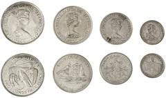 Multiple Coin Lots World Melange. Includes: Mexico. 8 Reales, 1805 Mo TH; Bolivia 8 Reales, 1808 PJ Potosí. VF-EF, both lightly salved and cleaned; Jersey Silver Wedding Anniversary four-piece Silver 