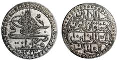 Turkey. Ottoman. Mahmud II (AH 1223-1255/1808-1839 AD). 5 Para, accession AH 1223, year 1. Toughra, flower before, mint and date below, all within circle and border of large beads, rev. Four-line Otto