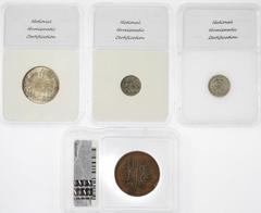 Egypt. Ottoman. Quartet of encapsulated coins: Silver 20 Para, AH 1277, year 10. KM 247a. NNC MS 62; AE 20 Para, AH 1277, year 8. KM 246. About VF. ICG - Genuine BN; 5 'Irsh, AH 1293, year 24. KM 294.