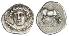 Thessaly. Larissa. AR Drachm, early-mid Fourth Century BC. 6.11 gms. Head of the nymph Larissa facing ¾ left, her hair floating freely, wearing pendant earring with bead, ?EY on ampyx, (tiny IA above 