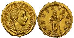 Roman Empire, Gordian III. . (AD 238-244), AV Aureus, 5.17g, Rome, 241.. Obs. laureate, draped and cuirassed bust right, IMP GORDIANVS PIVS FEL AVG, rev. SALVS AVGVSTI, Salus standing right, feeding s