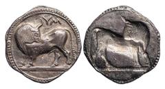Magna Graecia Lucania. Sybaris. AR Stater, ca. 550-510 BC. 7.62 gms. Bull standing left on exergual line, head reverted, YM above, outer beaded border, rev. Incuse bull. SNG ANS 819, HN Italy 1729, Kr