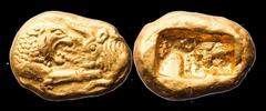 Asia and Africa Kings of Lydia. Kroisos (ca. 564/553-550/539 BC). AV Stater. Light series. Sardes mint. 8.07 gms. Confronted foreparts of a roaring lion right with a tongue of five beads and bull left