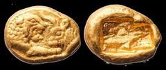Asia and Africa Kings of Lydia. Kroisos (ca. 564/553-550/539 BC). AV 1/6 Stater. Light series. Sardes mint 1.33 gms. Confronted foreparts of a roaring lion right with a tongue of three beads and bull 