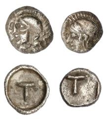 Ancient Coins Arkadia. Tegea. Pair of AR Tetartemorion, ca. 423-400 BC. 0.16, 0.29 gms. Helmeted head of Athena left, rev. Large T. BCD Peloponessos 1721, HGC 5, 1054. Light obverse exfoliation on one