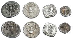 Ancient Coins Quartet of Magna Graecia AR Fractions: Lucania, Metapontion. Obol, Fifth Century BC. Grain-ear; Calabria, Tarentum. Obols (2), Third Century BC. Kantharos. Vlasto 1642 and SNG ANS 1539; 