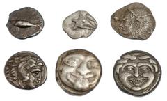Ancient Coins Sextet of Mysia AR Fractions. Kyszikos. Hemiobols, ca. 510-480 BC. Tunny; archaic lizard (?) head; Lampsakos. Diobol or Trihemiobol, Fifth Century BC. Janiform female head/Athena head; P