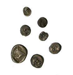 Ancient Coins AR Fractions of the Satraps of Caria -- Hydissos, ca. 420-400 BC. Triobol and Hemibols (2). Foreparts of bulls confronted/Forepart of bull left. Obverses off center; Hekatomnos, 395-377 