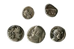 Ancient Coins Small lot of Greek and Roman Silver. Includes a Stater of Arados, late Seleukid Tetradrachm, Parthian Tetradrachm (obv. scratches), two low-grade Ptolemaic Tetradrachms (cracked edges), 