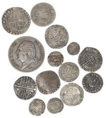 England. Lot of lower-grade Hammered Coins. Includes James I Shilling. About Fine; Sixpence, 1601. Crease, About VG/Fine, Halfgroat. Porosity at edge, VF; crimped Charles I Sixpence. Fine; medieval Gr