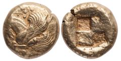 Ancient Coins Mysia. Lampsakos. Electrum Stater. ca. 500-450 BC. 15.33 gms. Forepart of winged horse with rounded wings left, rev. Quadripartite incuse square. SNG BN 1111, v. Aulock 1292var., Boston 