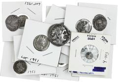 Ancient Coins Lot of Ancient Greek and Roman Silver: Includes: Egypt, Ptolemy I-II Tetradrachm, bankers' marks and reverse graffiti; Selge, Obol, 400-333 BC, gorgoneion/Athena head; Parthian Drachm of