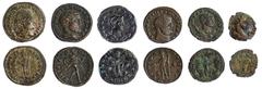Ancient Coins Roman Imperial. Late 3rd-4th Century AE sextet. Includes AE 19mm of Carausius, Pax reverse; Folles (2) of Galerius. Genius reverses (one with silvering), Maximinus II as Caesar, Mars rev