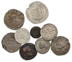 ANCIENT COINS Ancient Miscellanea. Sassanian AR Drachm (3) - one of which c/m'd, Arab-Sassanian Drachm (chipped in margin), Umayyad AR Dirham Wasit AH 124, Roman -- As of Vespasian, AR Antoniniani of 