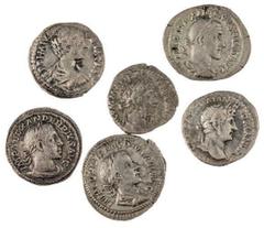 ANCIENT COINS Roman Imperial. Sextet of Denarii. Includes: Hadrian (Rv. Pudicitia standing facing; some scratches from cleaning), Commodus (Salus seated left), Geta (Felicitas clasping hands with Geta