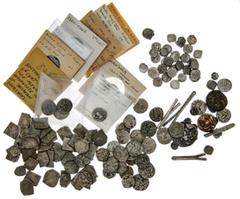India Large lot of Indian Coinage. Fourth Century BC-1800s. Includes: AR ancient punchmarked Karshapana (52); Indo-Scythian Drachm (3), a Hunnic Napki Malka AR Drachm, Amir of Sinds fractional AR (10)