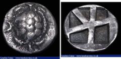 Ancient Coins Ancient Greece, Islands off Attica, Aegina, Triobol or Hemidrachm, (490-485BC) Obverse: Turtle with collar and a single row of scales down the middle, Reverse: Incuse square with skew pa